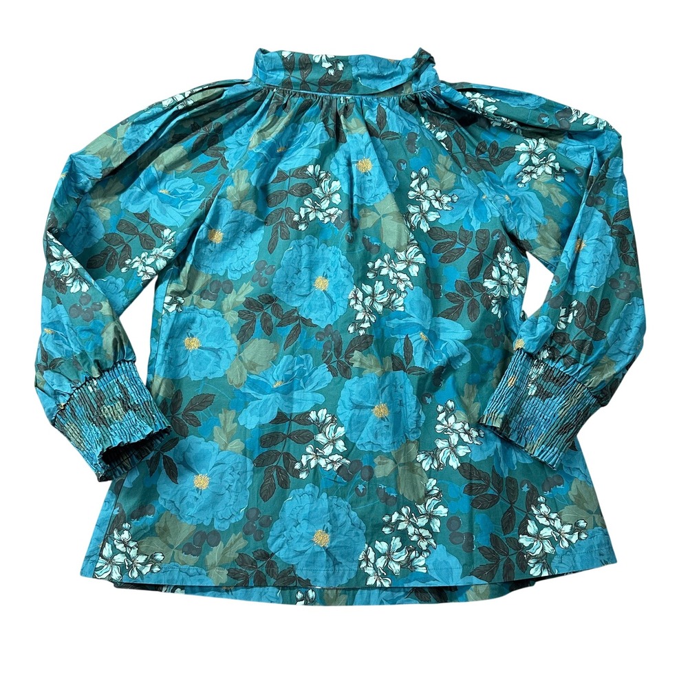 Floral Peasant Blouse in Teal Blue